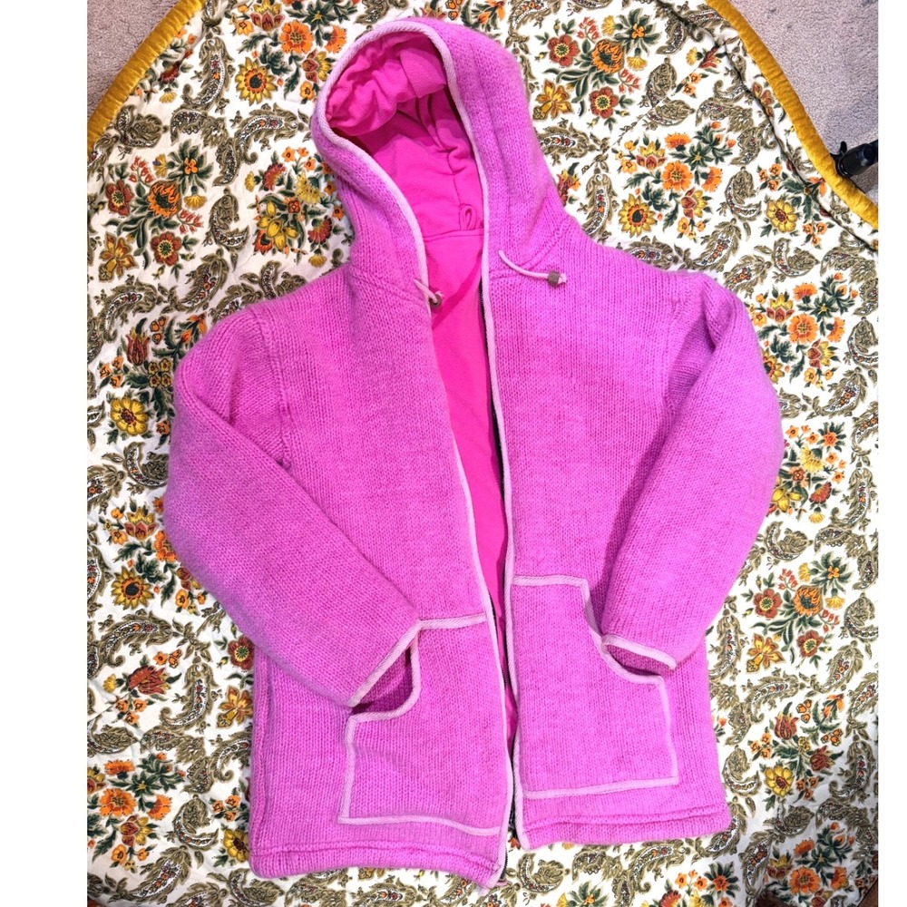 Vintage Pink Knit Hooded Zip Up Jacket 100% Wool, fleece lined Made in Nepal XXL